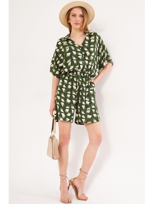 Armonika Kadın Haki Tria Tulum Gömlek Yaka Cepli Desenli Kısa ARM-24Y001023