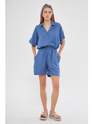 Armonika Kadın Koyu Mavi Gömlek Yaka Cepli Kısa Tulum ARM-24Y001113