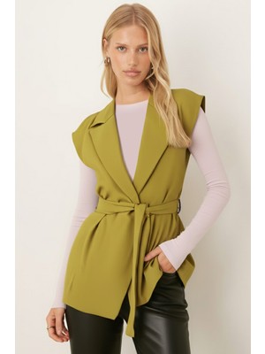Armonika Kadın Yağ Yeşili Erkek Yaka Beli Kuşaklı Keten Görünümlü Yelek ARM-25Y001079
