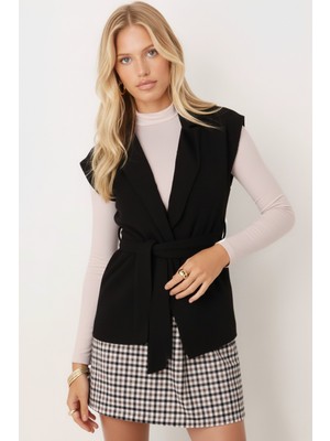 Armonika Kadın Siyah Erkek Yaka Beli Kuşaklı Keten Görünümlü Yelek ARM-26K001055