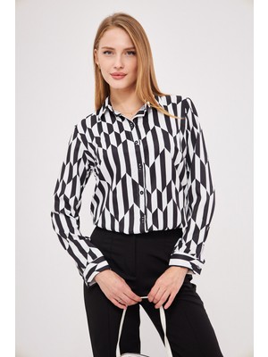 Armonika Kadın Siyah-Beyaz Desenli Uzun Kol Gömlek ARM-24K001017