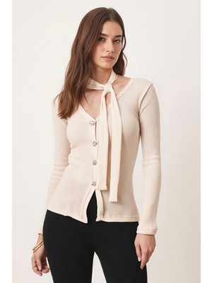 Armonika Kadın Ekru V Yaka Önden Düğmeli Şal Detaylı Yumuşak Dokulu Hırka ARM-26K001032