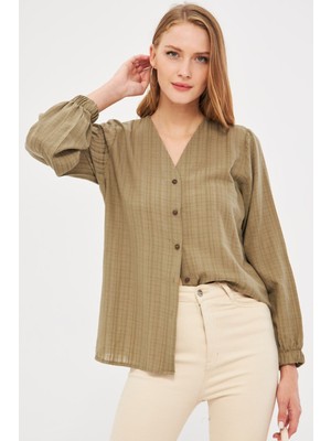 Armonika Kadın Haki Kolu Lastikli Bürümcük Gömlek Pamuk-Polyester Rahat Kesim Düğmeli ARM-24K001002