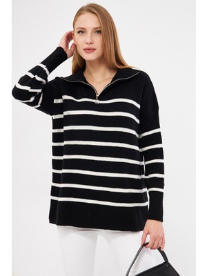Armonika Kadın Siyah Fermuar Detaylı Çizgili Triko Kazak ARM-25K069007