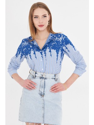 Armonika Kadın Mavi Hakim Yaka Desenli Gömlek ARM-25Y001013