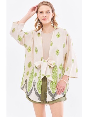 Armonika Kadın Fıstık Yeşili Desenli Keten Görünümlü Eteği Sulu Önden Bağlamalı Kimono Gömlek ARM-24Y001092