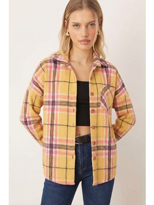 Armonika Kadın Sarı Oversize Ekoseli Kaşe Cepli Oduncu Gömlek ARM-26K001089