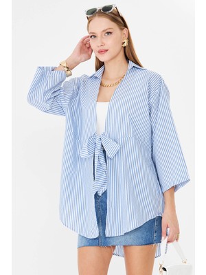 Armonika Kadın Mavi Çizgili Önden Bağlamalı Kimono Gömlek ARM-25Y001085