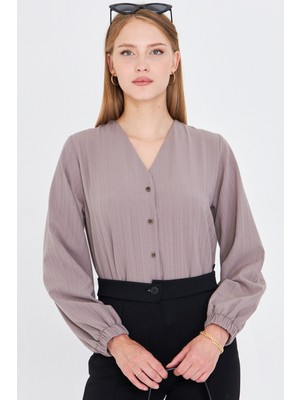 Armonika Kadın Koyu Gri Kolu Lastikli Bürümcük Gömlek ARM-24K001002