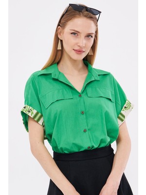 Armonika Kadın Yeşil Oversize Duble Kol Detaylı Gömlek ARM-24Y001075