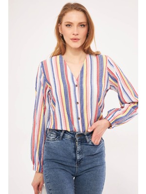 Armonika Kadın Mavi Kolu Lastikli Bürümcük Gömlek ARM-24K001002