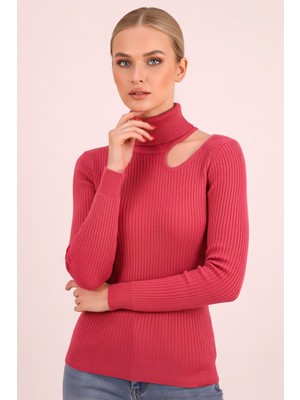 Armonika Kadın Fuşya Balıkçı Yaka Tek Omuz Dekolteli Triko Kazak ARM-26K136067