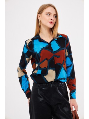 Armonika Kadın Mavi Desenli Uzun Kol Gömlek ARM-25K001040