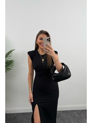 AURA 7 Collection Kadın Giyim Atlas Kumaş Vatka ve Drapeli Midi Boy Yırtmaçlı Elbise