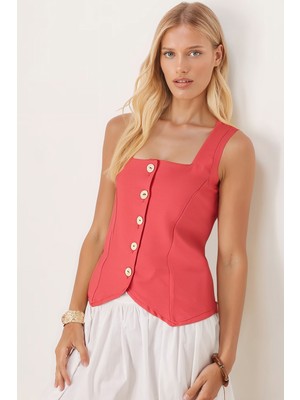 Armonika Kadın Gül Kurusu Kare Yaka Arkası Bağcık Detaylı Keten Görünümlü Yelek ARM-25Y001089