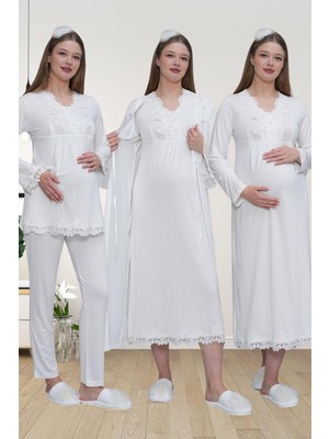 Mecit Pijama Mecit 1519 Ekru Lohusa Sabahlık Gecelik Pijama Set