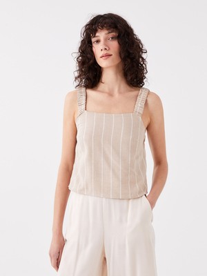 Lc Waikiki Yeni Sezon Kare Yaka Çizgili Askılı Keten Karışımlı Kadın Bluz