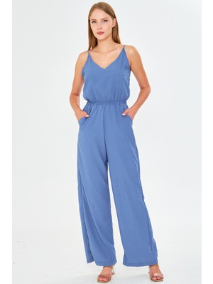 Armonika Kadın Indigo Ön Arka V Yaka Askılı Beli Lastikli Cepli Astarlı Tulum ARM-24Y001100