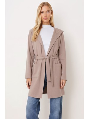 Armonika Kadın Bej Beli Kuşaklı Cepli Kapüşonlu Oversize Kaşe Kaban ARM-26K001025