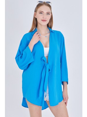 Armonika Kadın Mavi Keten Görünümlü Önden Bağlamalı Kimono Gömlek ARM-24Y001063