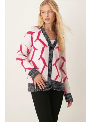 Armonika Kadın Fuşya V Yaka Düğmeli Desenli Triko Hırka ARM-26K136045