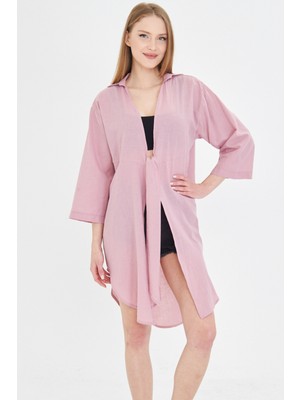 Armonika Kadın Gül Kurusu Önden Bağlamalı Ince Keten Kumaş Midi Boy Kimono Gömlek