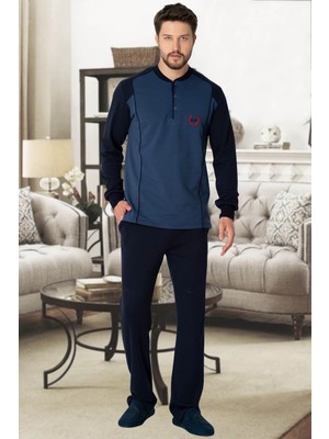 Mecit Pijama Mecit 2901 Lacivert Ekoseli %100 Pamuk 3'lü Büyük Beden Erkek Pijama Takımı