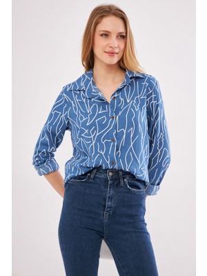 Armonika Kadın Indigo Çizgi Desen Pamuk - Polyester Uzun Kol Gömlek Günlük Stil