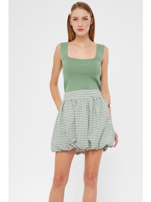 Armonika Kadın Yeşil Ekose Kumaş Arkası Lastikli Yandan Fermuarlı Balon Etek ARM-24Y001107