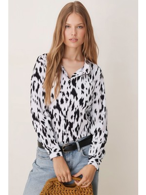 Armonika Kadın Bej-Siyah Desenli Uzun Kol Gömlek ARM-24K001017