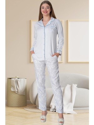Mecit Pijama Mecit 5143 Mavi Boydan Düğmeli Kadın Pijama Takımı