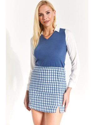 Armonika Kadın Indigo Ekose Desen Dikişli Yırtmaçlı Mini Etek