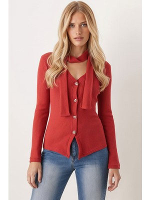 Armonika Kadın Nar Çiçeği V Yaka Önden Düğmeli Şal Detaylı Yumuşak Dokulu Hırka ARM-26K001032