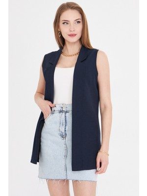 Armonika Kadın Lacivert Yakalı Uzun Yelek ARM-20K001024