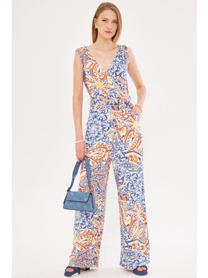 Armonika Kadın Indigo Kruvaze Yaka Omuzu Lastik Detaylı Sırtı V Kuşaklı Uzun Tulum ARM-24Y001049