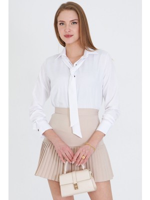 Armonika Kadın Beyaz Düz Gömlek Uzun Kol Pamuk - Polyester Günlük Stil Kravat Detaylı