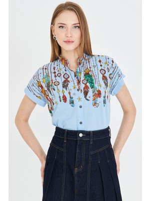 Armonika Kadın Bebe Mavi Hakim Yaka Kısa Kollu Gömlek ARM-25Y001040
