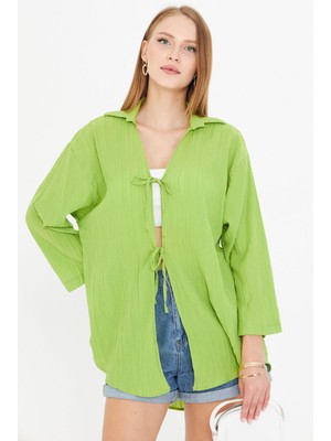 Armonika Kadın Fıstık Yeşili Gömlek Yakalı Önden Bağcıklı Kimono Gömlek ARM-25K001006