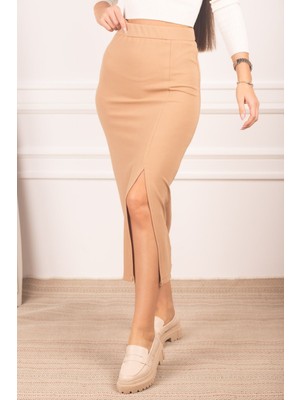 Armonika Kadın Bej Önden Yırtmaçlı Beli Lastikli Diz Altı Kalem Etek ARM-24K001039