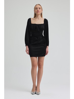 Lijuri Büzgü ve Bağlama Detaylı Kare Yaka Şık Elbise 2324 R3-B-K2