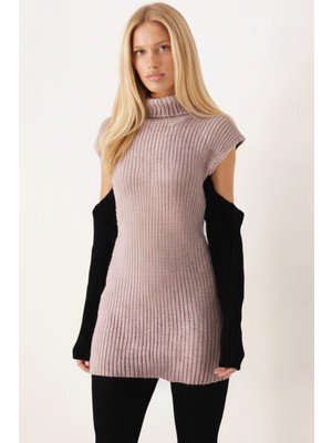 Armonika Kadın Taş Balıkçı Yaka Kolları Dekolteli Triko Kazak ARM-26K136015