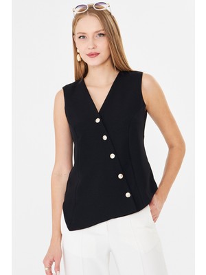 Armonika Kadın Siyah V Yaka Asimetrik Kapamalı Astarlı Yelek ARM-26K001004