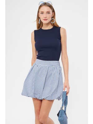 Armonika Kadın Mavi Ekose Kumaş Arkası Lastikli Yandan Fermuarlı Balon Etek ARM-24Y001107