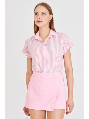 Armonika Kadın Pembe Çizgili Kısa Kol Gömlek ARM-25Y001059