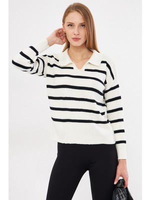 Armonika Kadın Ekru Çizgili Polo Yaka Triko Kazak ARM-22Y012006