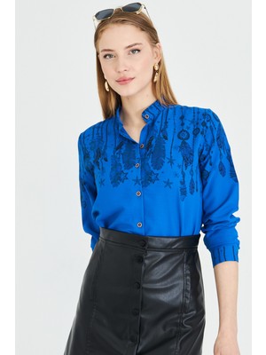Armonika Kadın Koyu Mavi Hakim Yaka Desenli Gömlek ARM-25Y001013