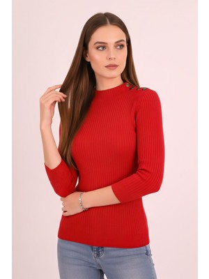 Armonika Kadın Kırmızı Dik Yaka Omuzları Zımba Detaylı Triko Kazak ARM-26K136065