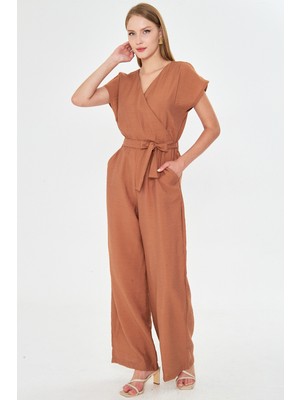 Armonika Kadın Hardal Kruvaze Yaka Sırtı V Detaylı Cepli Kuşaklı Bol Paça Tulum ARM-24Y001073