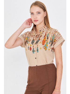 Armonika Kadın Taş Hakim Yaka Kısa Kollu Gömlek ARM-25Y001040