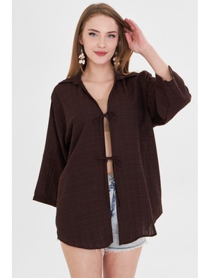 Armonika Kadın Koyu Kahve Gömlek Yakalı Önden Bağcıklı Kimono Gömlek ARM-25K001006